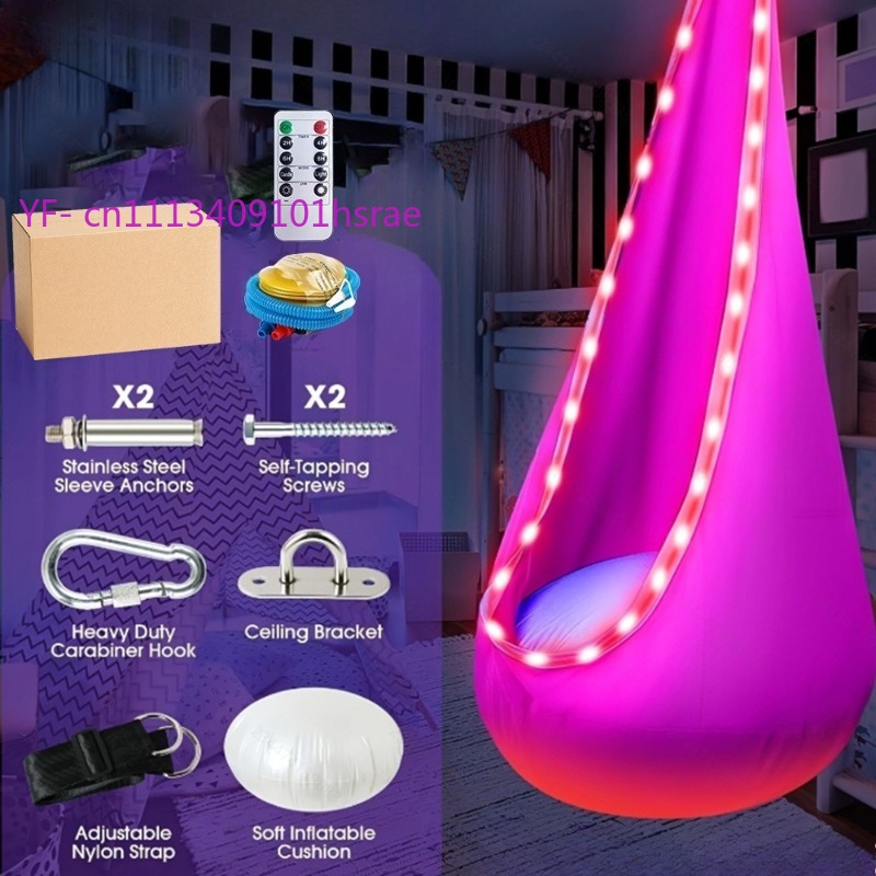 Kids Outdoor Hanging Chair - Cadeira Suspensa Inflável LED Brilhante, Portátil,